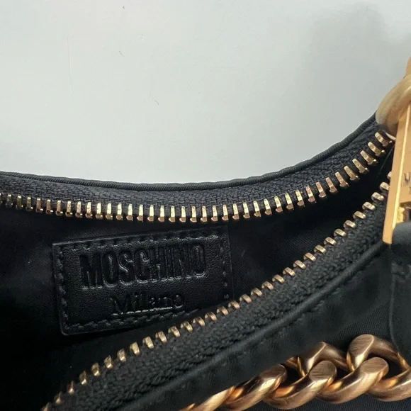 Moschino Black Logo Lettering Hobo Shoulder Bag with Gold Chain - Picture 3 of 7